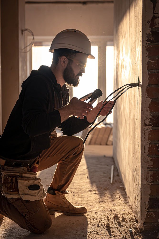Electricista tendiendo cableado en obra